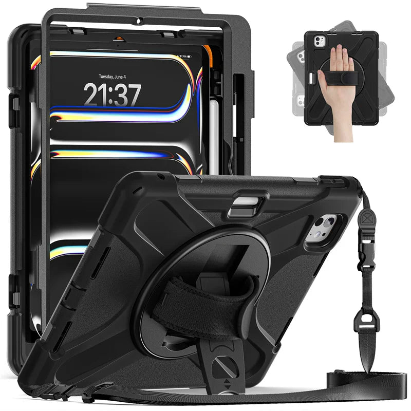 Rugged Kickstand Shockproof Case with Shoulder Strap for 2024 iPad Pro 11