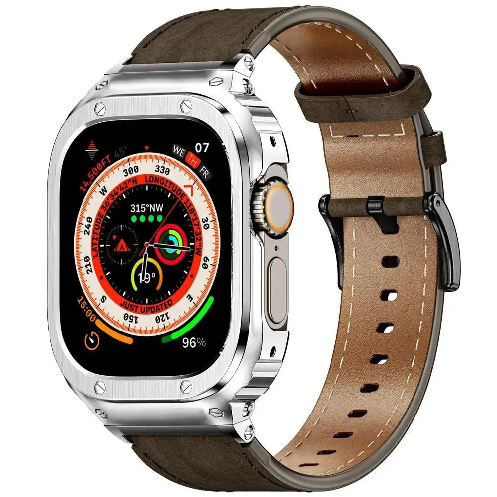 LuxeSteel Case and Premium Leather Band for Apple Watch Pinnacle Luxuries