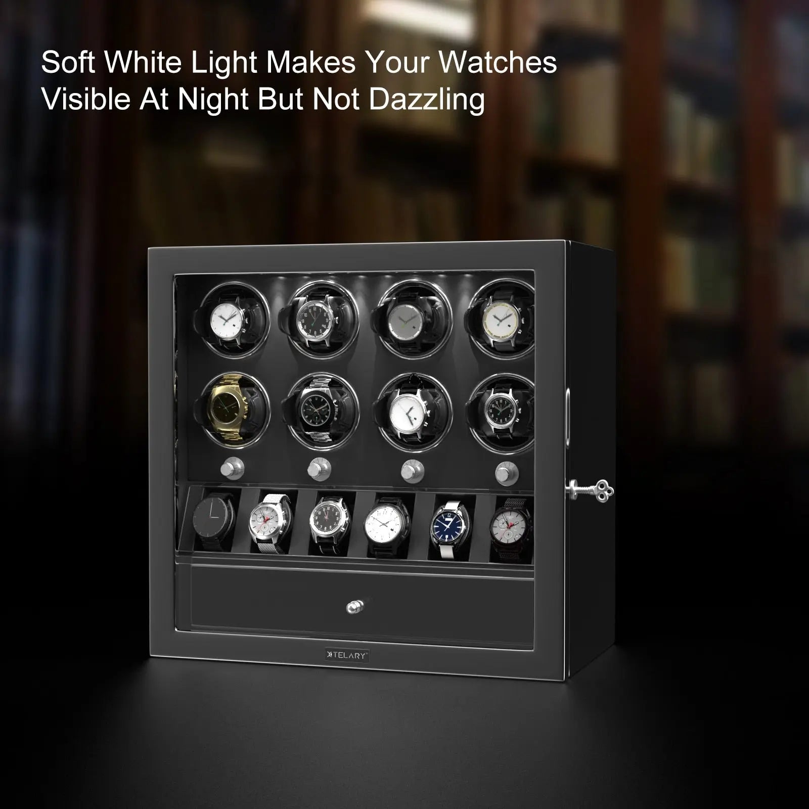 Watch Winder for 8 Automatic Watches Box with 6 Watch Storage Display Jewelry Collector Mabuchi Motor Patented Design - Black Pinnacle Luxuries